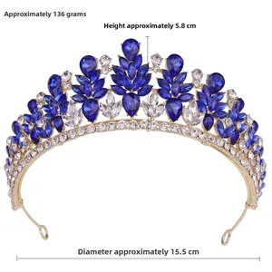 Detailed view of bridal tiara with blue crystals, 15.5cm diameter and 5.8cm height