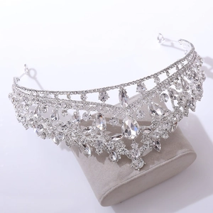 Close-up of luxury silver bridal tiara with pear-cut crystals and intricate micro-pave setting