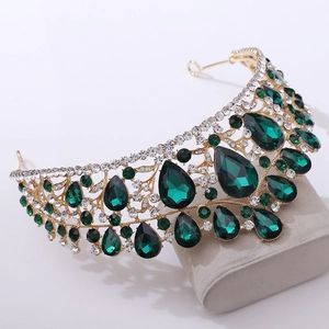 Luxury gold bridal crown with vintage green gemstones and crystal embellishments