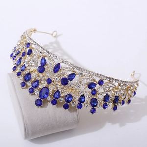 European vintage gold crown tiara with blue rhinestones and zircons for wedding