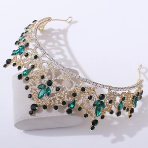 Couronne de mariée élégante en or avec cristaux émeraude et strass pour mariages