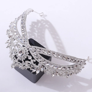 Detail view of silver bridal crown featuring pear and round cut crystals on alloy base