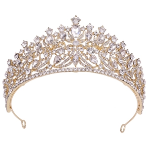 Elegant gold alloy bridal tiara featuring symmetric rhinestones and hair fixing loops