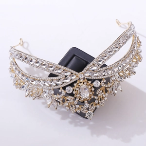Luxurious gold wedding crown featuring marquise rhinestones in a V-shaped symmetrical design