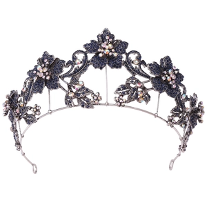 Vintage floral bridal crown with blue rhinestones and AB crystals on antique silver base
