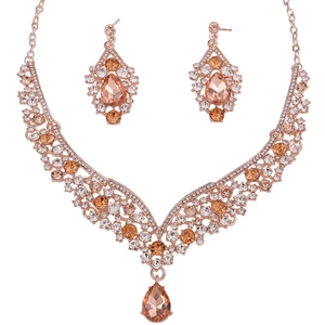Vintage Alloy Crystal Glass Teardrop Necklace Earring Set Rhinestone Bridal Wedding Jewelry Set Women Banquet Party Accessories