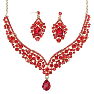 Exquisite bridal jewelry set with red teardrop crystals and gold necklace with earrings