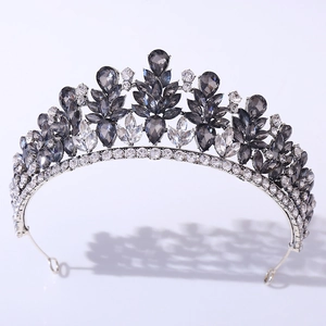 Detailed macro view of vintage silver alloy bridal tiara with grey crystal leaf motifs