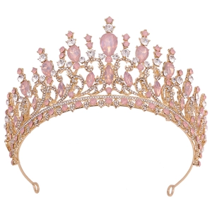Tiara de mariée baroque dorée avec cristaux roses en forme de feuille et strass