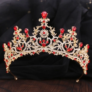 Corona de novia barroca dorada con diamantes de imitación rojos y cristales para bodas