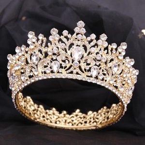 Couronne de mariée ronde baroque dorée avec cristaux de luxe pour robe de mariée