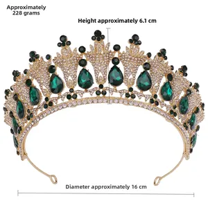 Detailed macro view showing the precise dimensions of a gold bridal crown with green gems