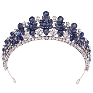 Elegant European style tiara with silver leaf pattern and blue crystal rhinestones