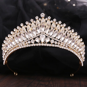 Elegant gold bridal crown with brilliant marquise cut crystals for pageants and weddings