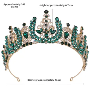 Baroque bridal crown with green crystals, height 6.7cm and diameter 16cm detail