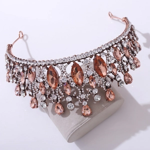 Baroque bridal crown in rose gold with champagne crystals and sparkling white rhinestones