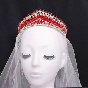 Baroque crystal bridal crown with red rhinestones on gold base for pageant and shows