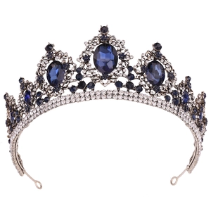 Detailed view of Baroque bridal crown with navy blue gems and white rhinestones on silver