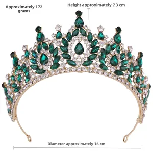 Detailed dimensions of gold crown with emerald green gems and white crystals
