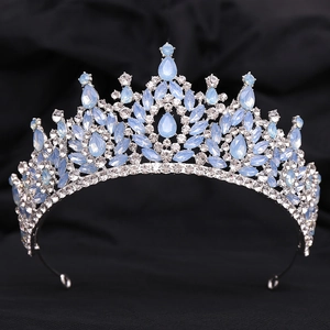 Elegant baroque bridal tiara with light blue teardrop crystals and silver rhinestones