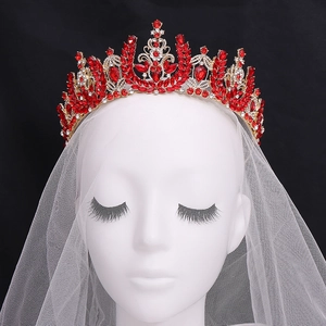 Baroque bridal crown with red crystals and gold metal base including white mesh veil