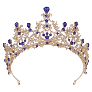 Eleganter goldener Brautkronen-Haarschmuck mit blauen Strasssteinen und Barock-Blumenmuster