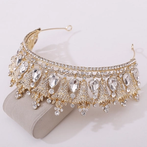 Baroque gold bridal crown with crystal teardrops and sparkling rhinestones for weddings