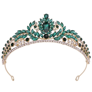 Tiara de novia barroca con cristales verdes y base de aleación dorada para bodas