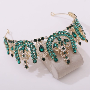 Baroque bridal crown with emerald green crystals and wheat ear design in gold finish