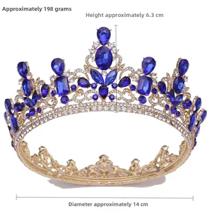 Detailed specs of luxury gold bridal crown with blue crystals, 198g weight and 6.3cm height