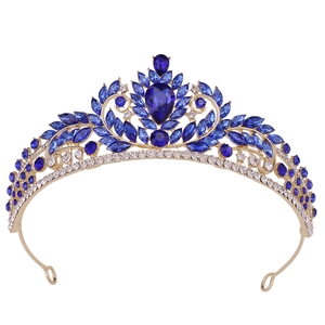 Goldenes Barock-Braut-Diadem mit dunkelblauen Kristallen und Strasssteinen für Hochzeiten