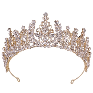 Baroque golden bridal crown with crystal wheat ear motifs and sparkling rhinestones
