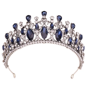 Baroque vintage bridal crown with dark blue crystals and silver filigree details