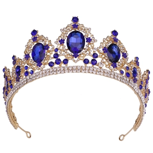 Baroque bridal crown with navy blue crystals and white rhinestones on golden alloy