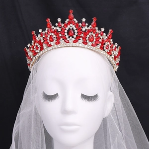 Baroque bridal crown with red crystals and white rhinestones on a metal base