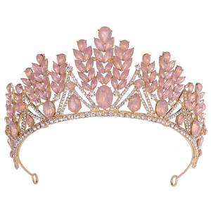 Diadème de mariée luxueux avec cristaux roses et monture en alliage doré pour fêtes