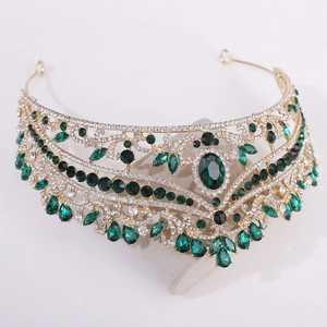Elegant gold Baroque bridal crown with emerald green rhinestones for weddings