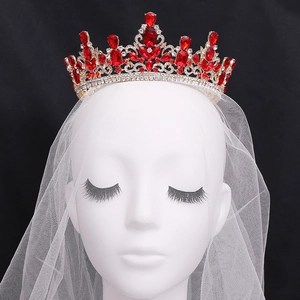 Luxurious baroque red crystal bridal tiara with gold plating and sparkling rhinestones