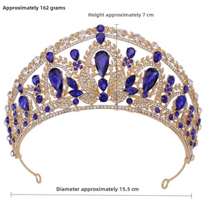 Détails de la couronne de mariée dorée avec cristaux bleus, 7 cm de haut et 15,5 cm de large