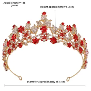 Floral bridal crown with red rhinestones and pearls, size 15.5cm diameter and 6.2cm height