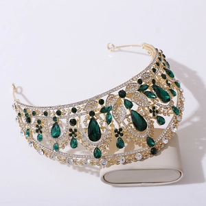 Couronne de mariée baroque en or avec cristaux émeraude et diamants pour mariage