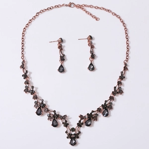 Vintage bridal jewelry set with grey crystal teardrop necklace and drop earrings in rose gold