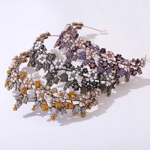 Exquisite bridal floral crown with crystals and pearls in vintage bohemian style