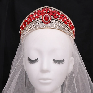 Baroque red crystal bridal crown with silver alloy base and sparkling white rhinestones