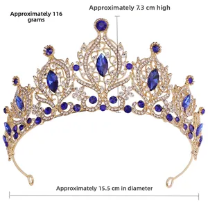 Couronne de mariée dorée détaillée avec cristaux bleus et strass, taille 15,5x7,3cm