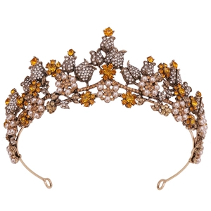 Vintage Baroque Bridal Tiara Crown With Rhinestone Artificial Pearl Flower Leaf Alloy Wedding Hair Accessories For Women Jewelry