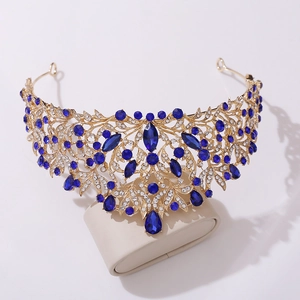 Elegant Baroque wedding tiara with deep blue crystals and gold plated alloy setting