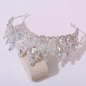 Detail of silver bridal tiara with colorful AB crystals and drop shaped rhinestones