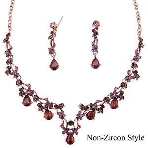 Vintage Antique Bronze Rhinestone Jewelry For Women Bridal Wedding Floral Teardrop Pendant Necklace Earrings Collection Party Accessories