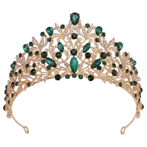 Baroque gold bridal crown with vintage green water-drop crystals and white diamonds